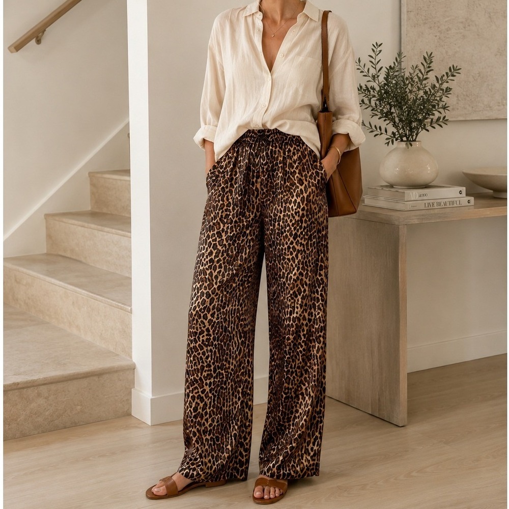 Lauren Ralph Lauren 100% Silk Leopard Print Wide Leg Pants Brown Tan Small